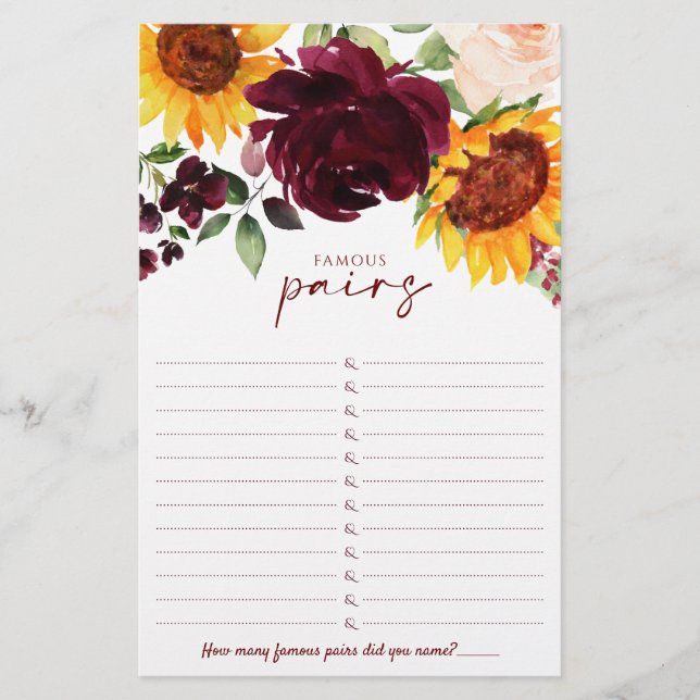 Lámina Fall Bridal Shower Game Parejas famosas Sunflower (Anverso)