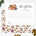 Lámina Fall Date Ideas Card<br><div class="desc">Sumérjase en una escapada otoñal de ensueño con nuestra encantadora Tarjeta de Ideas de Noche Caída. Desde calabazas de acuarela pintadas a mano y flores florecientes de borgoña y terracota hasta botánicos rústicos verdes y oxidados del bosque -cada detalle está cuidadosamente pintado. Añada un toque personal con naranja quemado o...</div>
