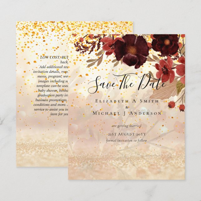 Lámina Fall Floral SAVE DATES Terracotta Burgundy Red (Anverso / Reverso)
