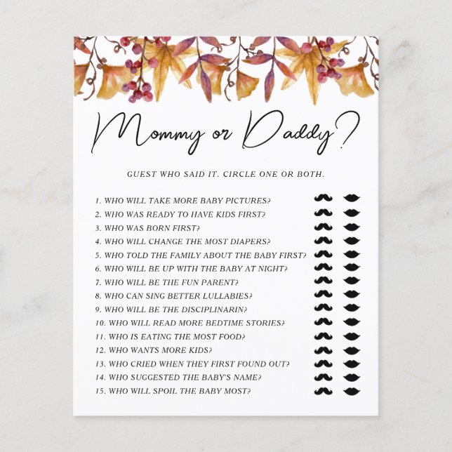 Lámina Fall in Love Mommy or Daddy Baby Shower Game (Anverso)
