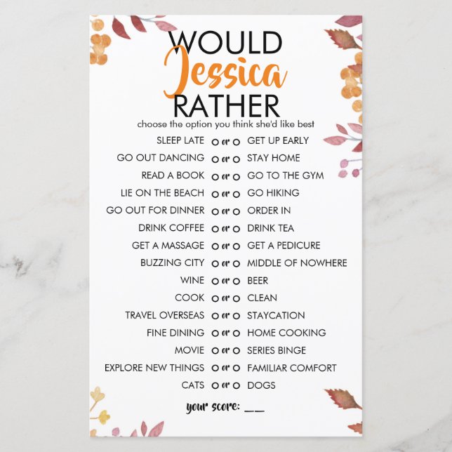 Lámina Fall Leaves Customisable Would She Rather Game (Anverso)