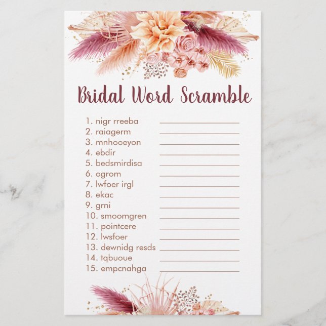 Lámina Fall Pampas Grass Boho Bridal Word Scramble Game (Anverso)