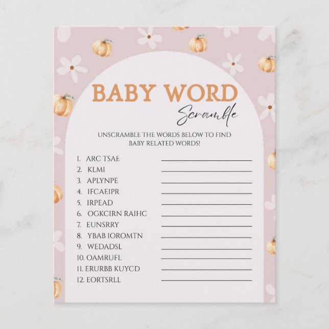Lámina Fall Pumpkin Daisy Baby Shower Word Scramble Game (Anverso)