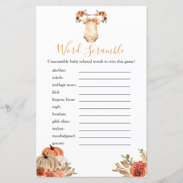 Lámina Fall Pumpkin Floral Baby Shower Word Scramble Game (Anverso)
