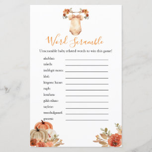Lámina Fall Pumpkin Floral Baby Shower Word Scramble Game