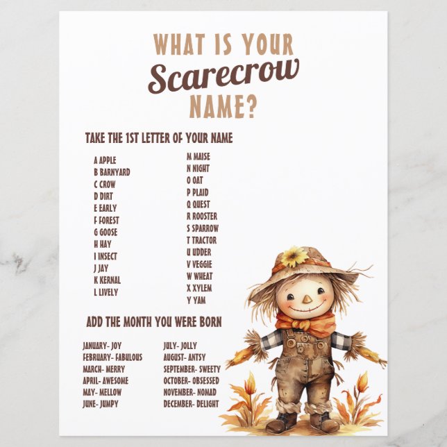 Lámina Fall Scarecrow Name Birday Activity (Anverso)