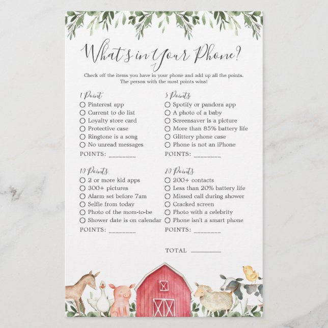 Lámina Farm Animals Baby Shower ¿Qué hay en tu teléfono? (Anverso)