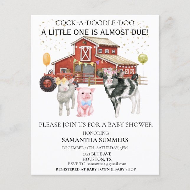 Lámina Farm Watercolor Cow Pig Barn Baby Shower (Anverso)