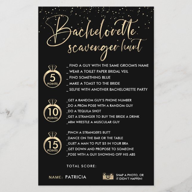Lámina Faux Gold Black Bachelorette Scavenger Hunt Game (Anverso)