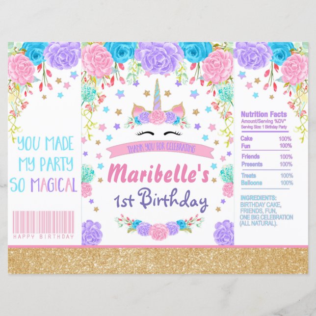 Lámina Favor del partido unicornio de cumpleaños Chip Bag (Anverso)
