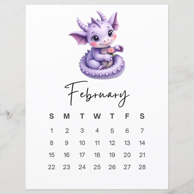 Lámina February Baby Dragon Cute Fantasy Monthly Calendar (Anverso)