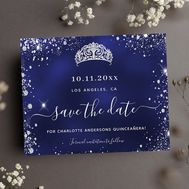 Lámina Fecha de ahorro de plata azul marino Quinceanera (Subido por el creador)