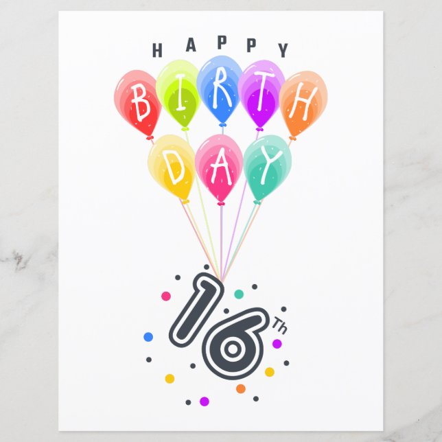 Lámina Feliz 16° cumpleaños con globos coloridos (Anverso)