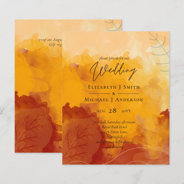 Lámina Fiery Naranja Watercolor Abstract Sunset Boda (Anverso / Reverso)