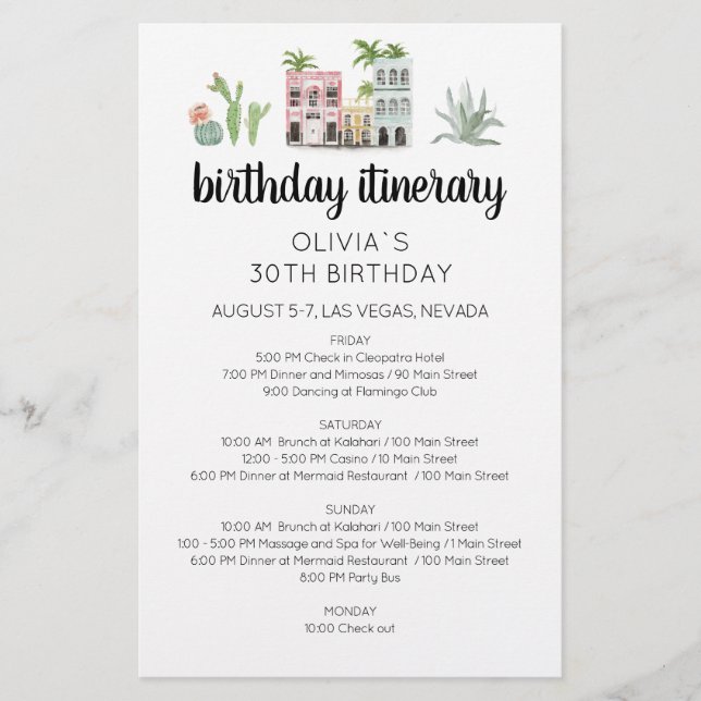 Lámina Fiesta Birthday Weekend Itinerary Card (Anverso)