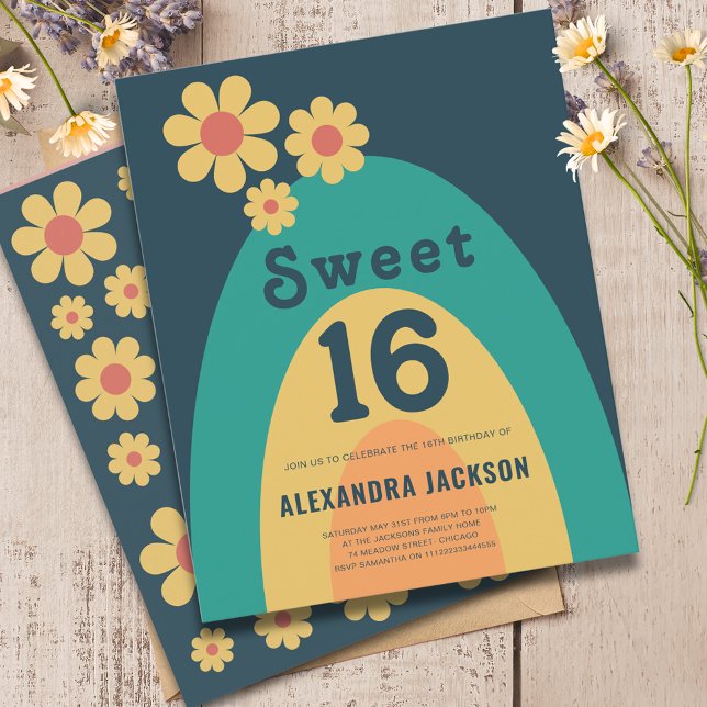 Lámina Fiesta de cumpleaños 16 de Groovy Daisy Arch (Sweet 16 groovy daisy arch 16th birthday party budget invitation )