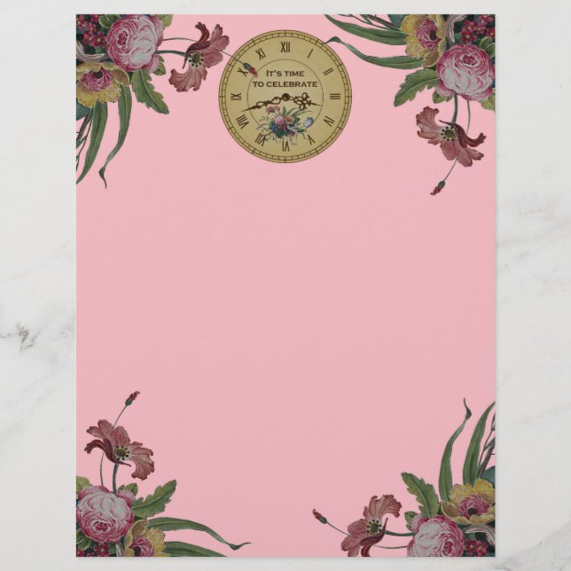 Lámina Fiesta de Cumpleaños con Reloj Antiguo y Flores (Anverso)