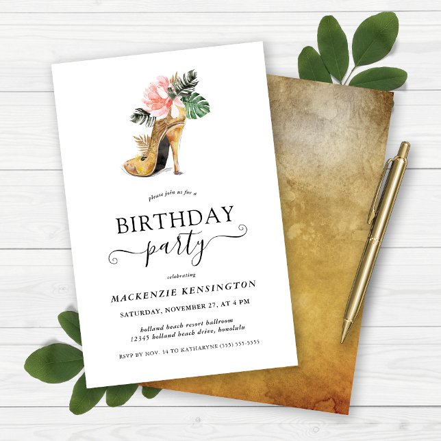 Lámina Fiesta de cumpleaños de tacones florales de oro el (Budget Elegant Gold Floral Heels Birthday Party Invitation)