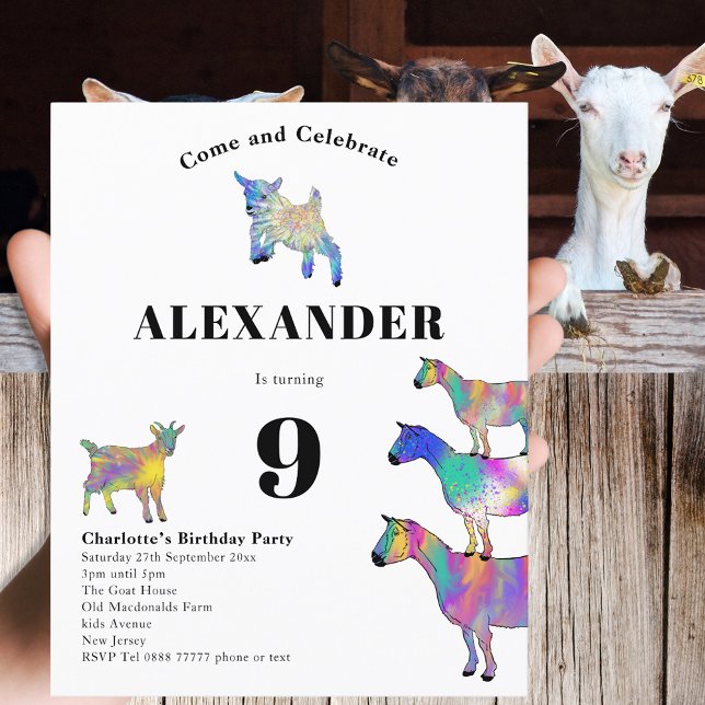 Lámina Fiesta de cumpleaños divertida con tema de cabra (Cute goats colorful farm animal art 9th birthday party budget invitation )