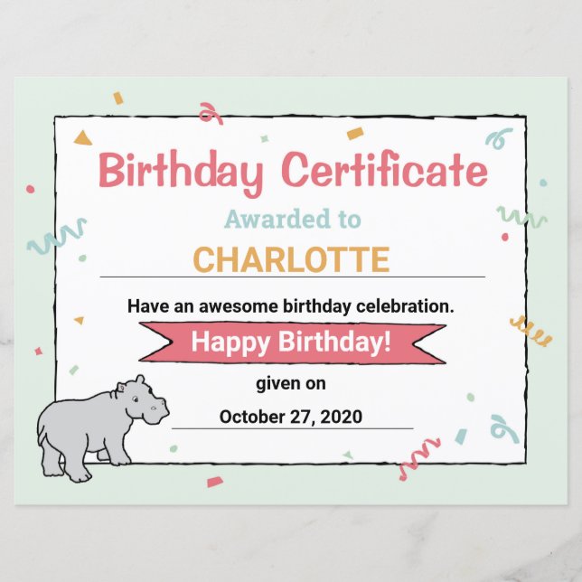 Lámina Fiesta de cumpleaños Hippo HippopotamusCertificate (Anverso)