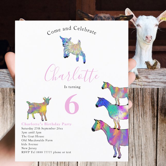 Lámina Fiesta de Cumpleaños Infantil Acuarela de Cabras R (Cute goats farm animal themed 6th birthday party budget invitation watercolor colorful animal art)