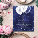 Lámina Fiesta de cumpleaños invitación a globo azul marin<br><div class="desc">Una invitación moderna,  elegante y glamurosa para una fiesta de cumpleaños número 21 (o cualquier edad). Un fondo azul marino,  decorado con finos destellos purpurinas y globos blancos. El color azul es desigual. Personalice y agregue su nombre y detalles del fiesta.</div>