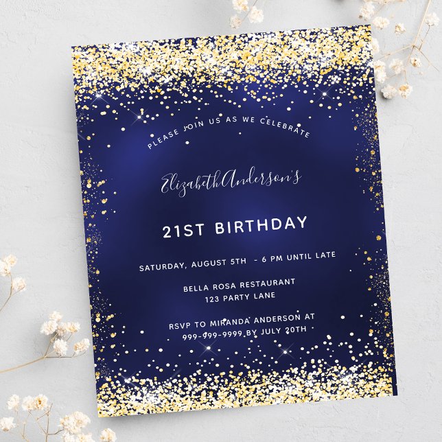Lámina Fiesta de cumpleaños invitación de oro azul marino (Subido por el creador)