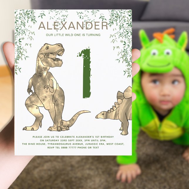 Lámina Fiesta de cumpleaños número 1 de T-Rex Salvaje (Wild one T-Rex dinosaur jungle 1st birthday party invitation brown and green)