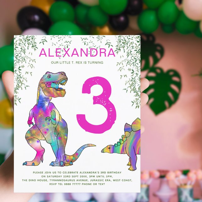 Lámina Fiesta de cumpleaños número 3 jungla de dinosaurio (Dinosaur T-Rex jungle pink girls 3rd birthday party invitation )