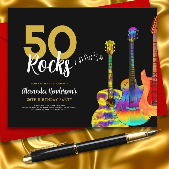 Lámina Fiesta de cumpleaños número 50 de la guitarra 50 r (Rock and roll cool black and gold 50th birthday party invitations 50 Rocks colorful guitar art)