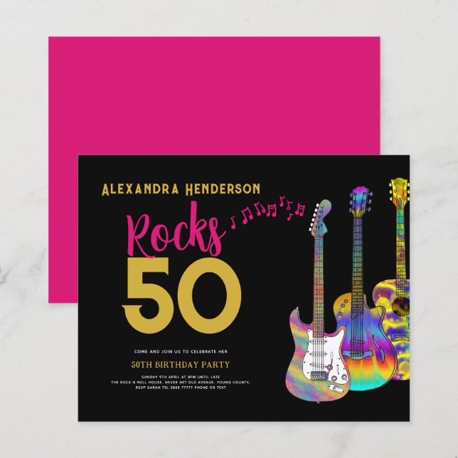 Lámina Fiesta de cumpleaños número 50 ¡Roca 50 rosado! (Anverso / Reverso)