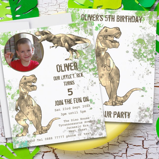 Lámina Fiesta de cumpleaños número 5 de Dinosaurio T Rex  (T-Rex Dinosaur 5th birthday party invitation Jurassic jungle with prehistoric Tyrannosaurus rex dino)