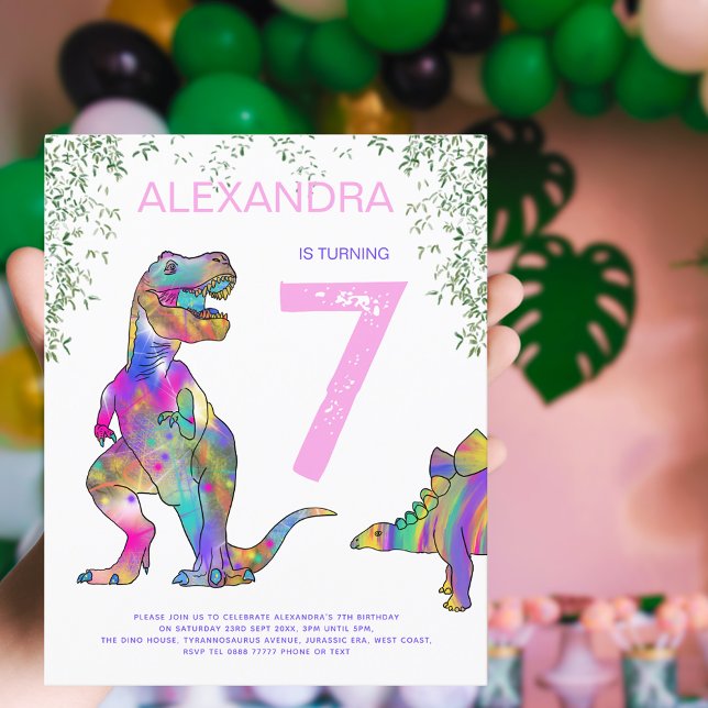 Lámina Fiesta de Cumpleaños número 7 de Dinosaurio Presup (Girls Dinosaur 7th birthday party budget invitation colorful watercolor T-Rex & stegosaurus  dino)
