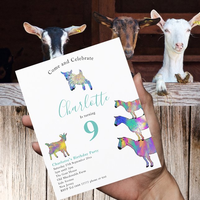 Lámina Fiesta de cumpleaños número 9 de granja de cabras (Goats farm animals 9th birthday party budget invitation watercolor animal art )