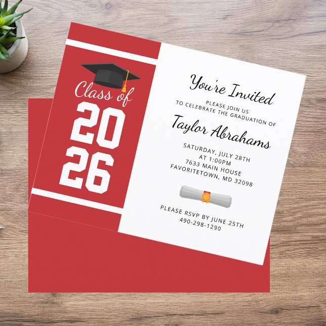 Lámina Fiesta de Graduación de Grado Blanco Rojo Invitaci (Graduation Red White Bold 2025 Party Invitation)