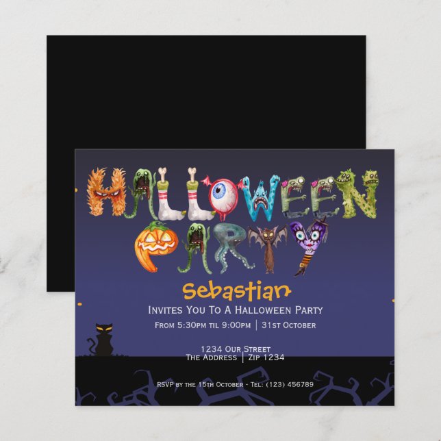 Lámina Fiesta de Halloween divertida con tipografía espel (Anverso / Reverso)