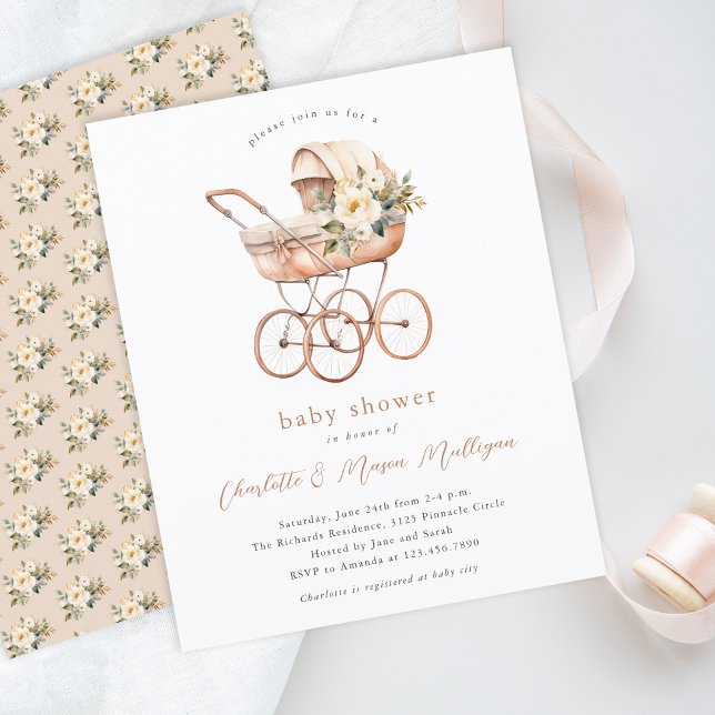 Lámina Fiesta de Revelación de Bebé Carruaje de Bebé Anti (Vintage baby carriage gender neutral budget baby shower invitation.)