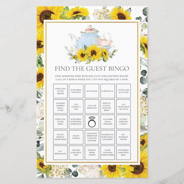 Lámina Fiesta de té de girasol novia encuentra Bingo invi (Anverso)