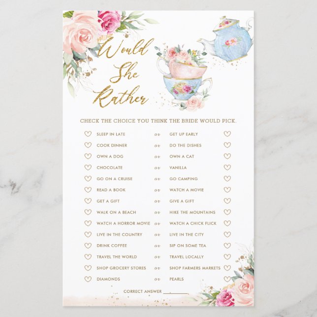 Lámina Fiesta de té floral rosa Juego de novia '¿Qué pref (Anverso)