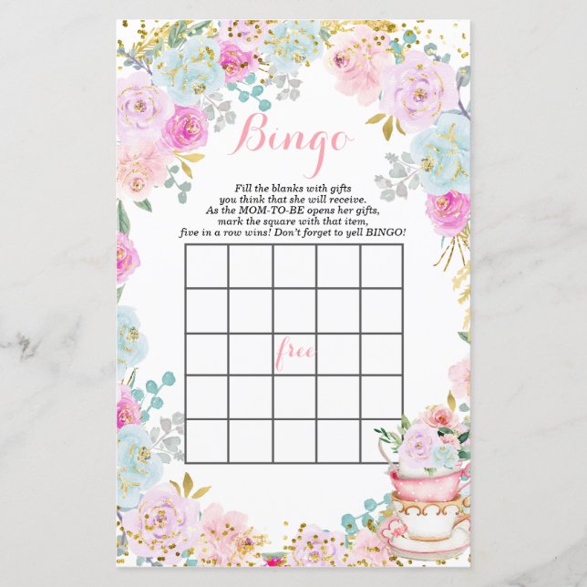 Lámina Fiesta de té Pastel flores bebé ducha Bingo (Anverso)