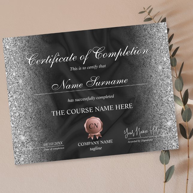 Lámina Finalización del curso de entrega de certificados  (certificate of completion with black silk background and silver glitter on the edges)