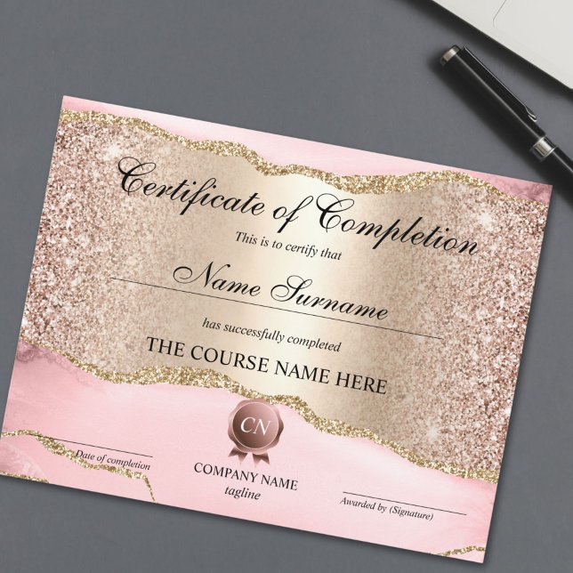 Lámina Finalización del curso de entrega de certificados  (rose gold and gold blush pink agate certificate of completion)