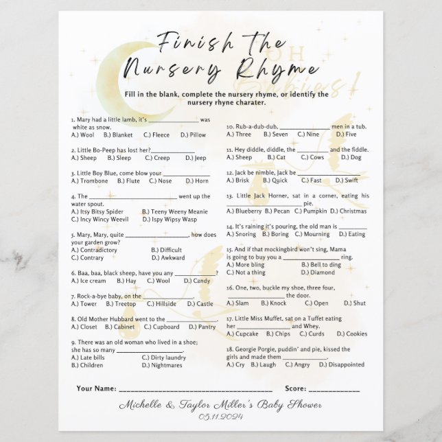 Lámina Finalizar el juego de Baby Shower Nursery Rhyme (Anverso)