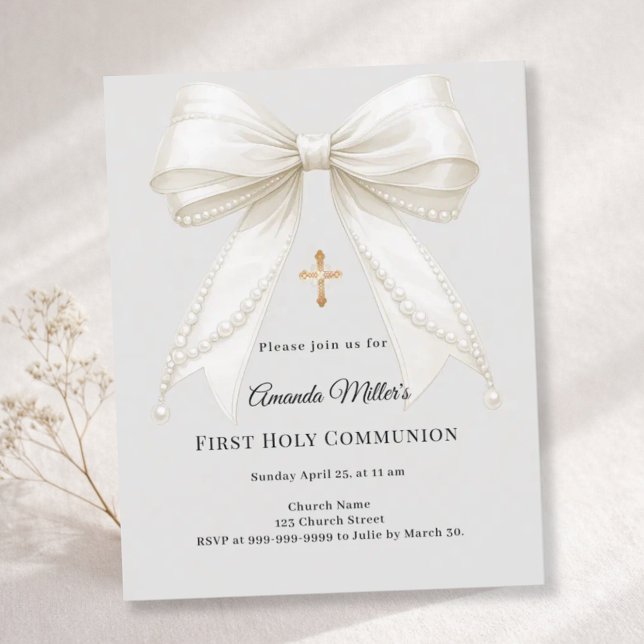 Lámina First Communion bow ivory pearls gray invitation (Subido por el creador)