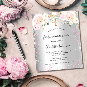 Lámina First communion girl silver pink floral invitation