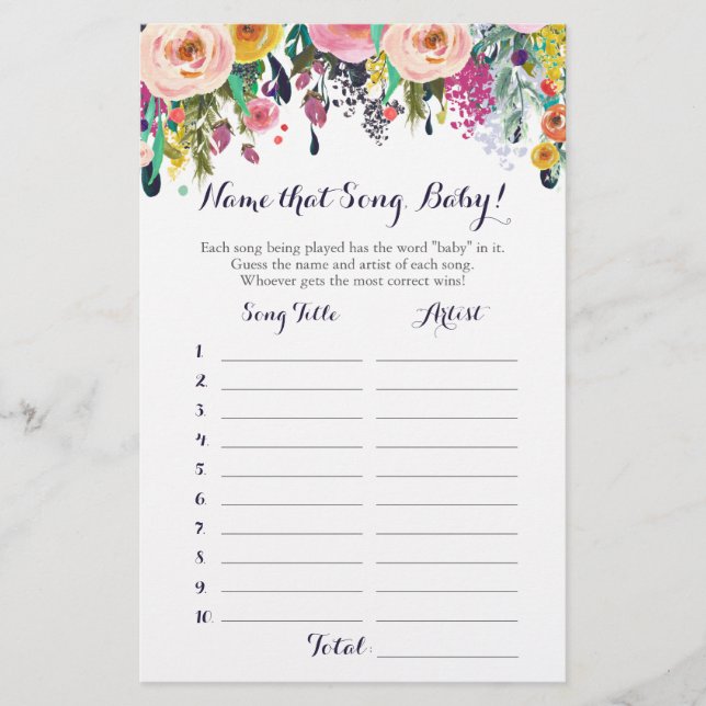 Lámina Flor adivina el juego de Baby Shower de la canción (Anverso)