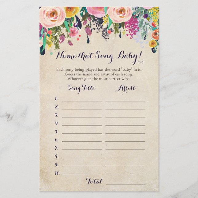 Lámina Flor adivina el juego de Baby Shower de la canción (Anverso)