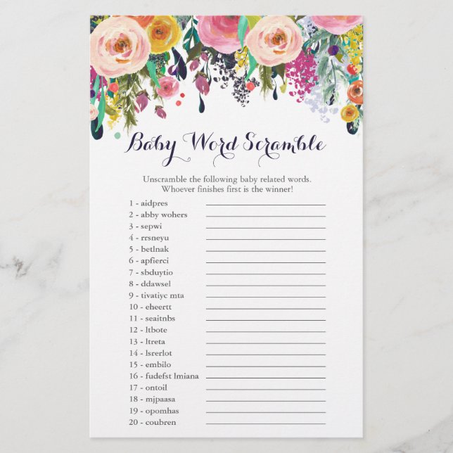 Lámina Flor Baby Shower Word Scramble Game Cards (Anverso)