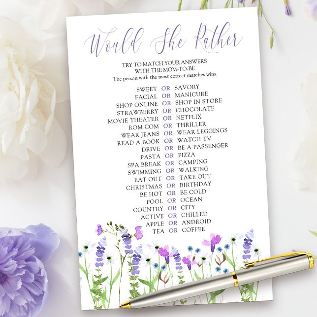 Lámina Flor De Hierro Púrpura Prefiere Un Juego De Ducha (Would she Rather Game Card from my Purple Wildflower Collection.)