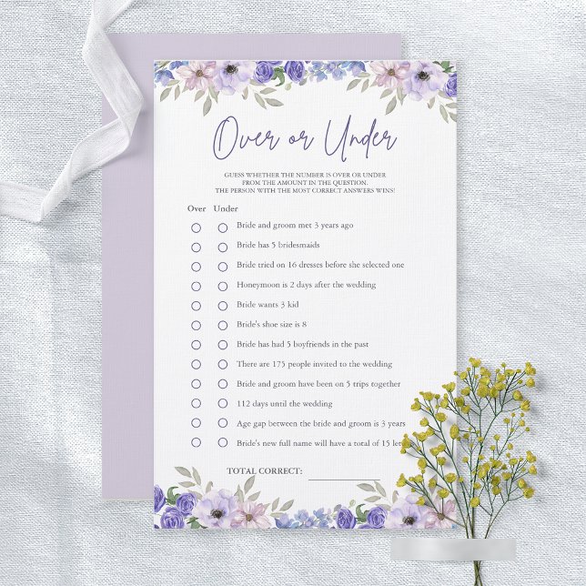 Lámina Flor púrpura encima o debajo del juego de ducha de (Purple Flower Over or Under Bridal Shower Game)